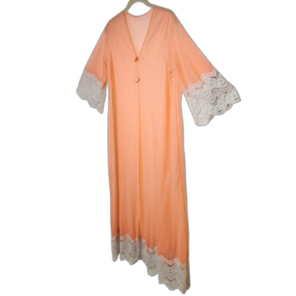 Vintage 60s 70s Robe Duster Flowy Glam BOHO Bell Sleeve Sheer Lace Coral Peach S - Picture 2 of 16